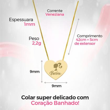 Imagem de Colar Feminino dourado aço + pingente coração Barbie + caixa edição limitada Qualidade Premium moda