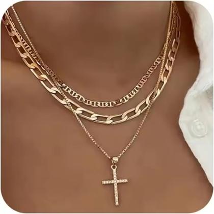 Imagem de Colar Feminino Elegante Crucifixo Banhado A Ouro Brilhantes
