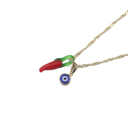 Imagem de colar feminino folheado com pingente pimenta vermelha prata prateado olho grego choker gargantilha