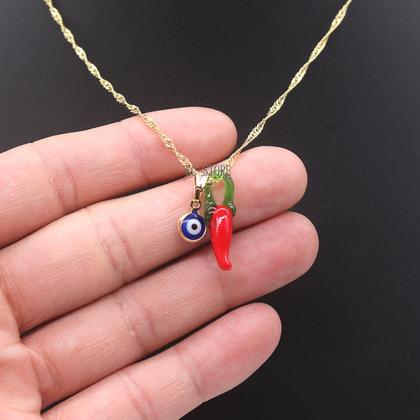 Imagem de colar feminino folheado com pingente pimenta vermelha prata prateado olho grego choker gargantilha