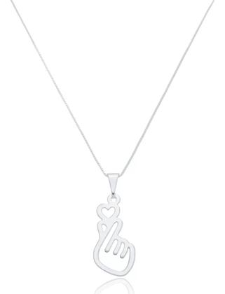 Imagem de Colar Feminino Pingente Gesto Coração Coreano Dorama Saranghae em Prata 925 + Caixinha De Presente