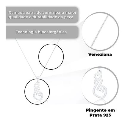 Imagem de Colar Feminino Pingente Gesto Coração Coreano Dorama Saranghae em Prata 925 + Caixinha De Presente