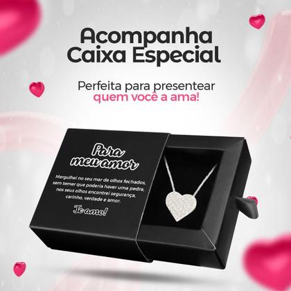 Imagem de Colar Feminino Veneziana + Pingente Coração Strass Zircônia Prata Amor + Caixa Presente Cn21