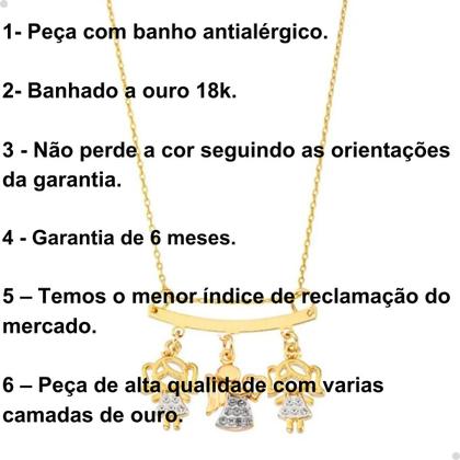 Imagem de Colar Filhos com 3 Pingentes Menino Menina Anjo Dourado com Pedras de Zircônia Banhado a Ouro 18k Banho Antialérgico Marca Andréia Branco Acessórios