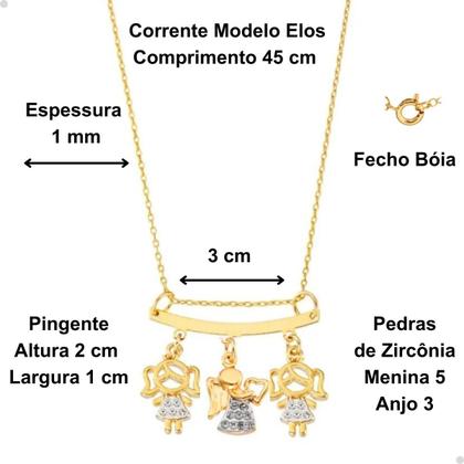 Imagem de Colar Filhos com 3 Pingentes Menino Menina Anjo Dourado com Pedras de Zircônia Banhado a Ouro 18k Banho Antialérgico Marca Andréia Branco Acessórios