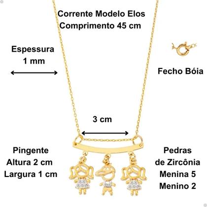 Imagem de Colar Filhos com 3 Pingentes Menino Menina Anjo Dourado com Pedras de Zircônia Banhado a Ouro 18k Banho Antialérgico Marca Andréia Branco Acessórios