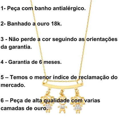 Imagem de Colar Filhos com 3 Pingentes Menino Menina Anjo Dourado com Pedras de Zircônia Banhado a Ouro 18k Banho Antialérgico Marca Andréia Branco Acessórios