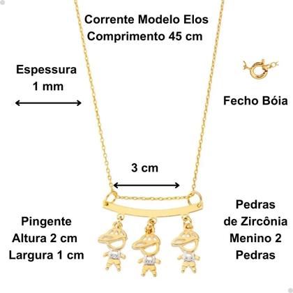 Imagem de Colar Filhos com 3 Pingentes Menino Menina Anjo Dourado com Pedras de Zircônia Banhado a Ouro 18k Banho Antialérgico Marca Andréia Branco Acessórios