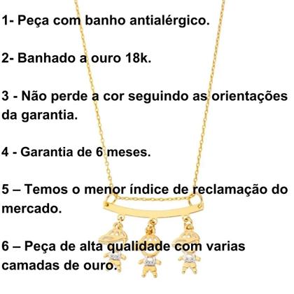 Imagem de Colar Filhos com 3 Pingentes Menino Menina Anjo Dourado com Pedras de Zircônia Banhado a Ouro 18k Banho Antialérgico Marca Andréia Branco Acessórios