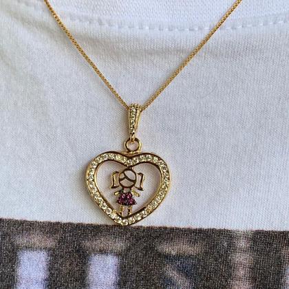 Imagem de Colar Filhos Menina Coração Cravejado Delicado Ouro 18K