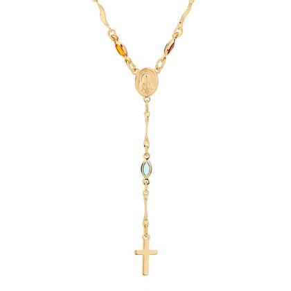 Imagem de Colar gargantilha  banhado ouro 3x 24k 18k e 22k  feminino terço pedras cristais coloridas sagrado coração de jesus e cruz 530829