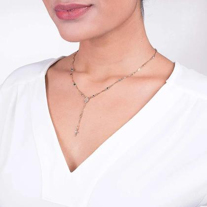 Imagem de Colar gargantilha  banhado ouro 3x 24k 18k e 22k  feminino terço pedras cristais coloridas sagrado coração de jesus e cruz 530829