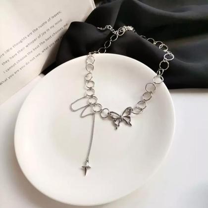 Imagem de Colar Gargantilha Borboleta Prateado Corrente Detalhes G3234
