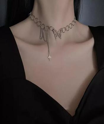 Imagem de Colar Gargantilha Borboleta Prateado Corrente Detalhes G3234