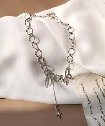 Imagem de Colar Gargantilha Borboleta Prateado Corrente Detalhes G3234