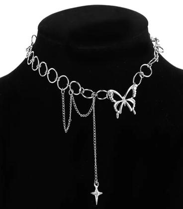 Imagem de Colar Gargantilha Borboleta Prateado Corrente Detalhes G3234