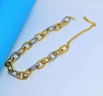 Imagem de Colar Gargantilha Feminina Corrente elos grandes dois elo mix Dourado com Prateado Folheado a Ouro Luxo Tendência
