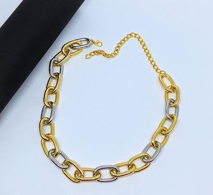 Imagem de Colar Gargantilha Feminina Corrente elos grandes dois elo mix Dourado com Prateado Folheado a Ouro Luxo Tendência