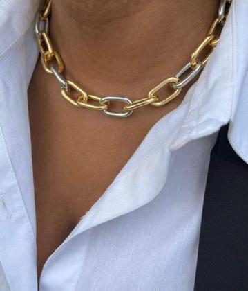 Imagem de Colar Gargantilha Feminina Corrente elos grandes dois elo mix Dourado com Prateado Folheado a Ouro Luxo Tendência