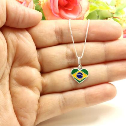 Imagem de Colar Gargantilha Pingente Banderia Brasil Coração Prata 925