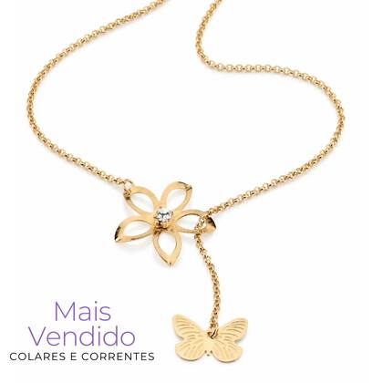Imagem de Colar Gravata Elo Português Com Detalhes De Flor E Borboletas Banhada Ouro Com Cristais