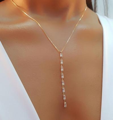 Imagem de Colar Gravatinha Baguette Zircônia Cristal Banhado a Ouro