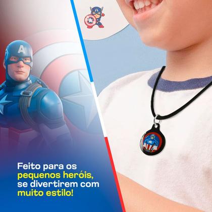 Imagem de Colar infantil menino + pingente capitão america premium moda heroi vermelho presente azul criança ajustavel
