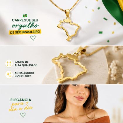 Imagem de Colar Mapa do Brasil Semi Joia Banhado Ouro 18k Presente Feminino Delicado Aniversario Mae Esposa Copa do Mundo