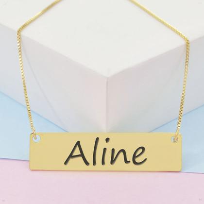 Imagem de Colar Nome Personalizado Chapinha Gravação Aline Banhado Ouro 18K - 999004231