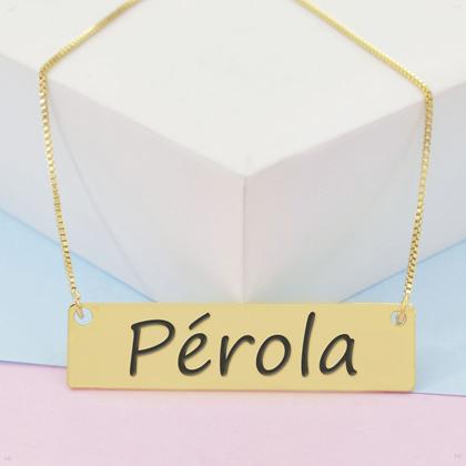 Imagem de Colar Nome Personalizado Chapinha Gravação Pérola Banhado Ouro 18K - 999004450