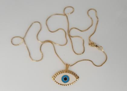 Imagem de Colar Olho Grego Com Cílios Branco Resina Folheado Ouro 18k
