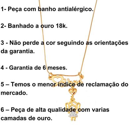 Imagem de Colar Para Vovó com Pingente Neto ou Neta com Pedras de Zircônia Banhado a Ouro 18k Banho Antialérgico Marca Andréia Branco Acessórios