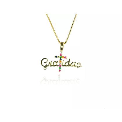 Imagem de Colar Pingente Gratidão Cruz Colorida Folheado a Ouro 18k