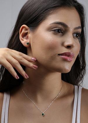 Imagem de Colar Prata 925 Feminino 40cm Pingente Coração Brinco Verde