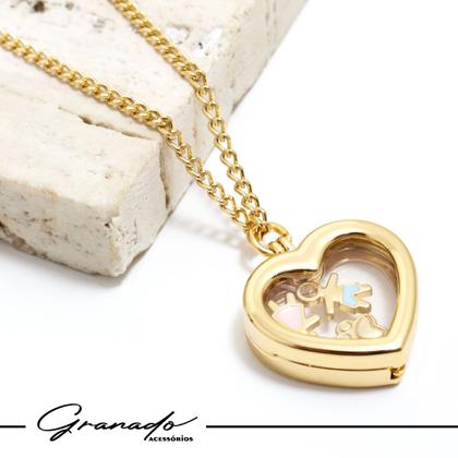 Imagem de Colar Relicário Coração Até 5 Pingentes Menina Menino Pet Corrente Dourada Groumet Mãe
