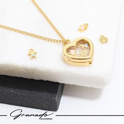 Imagem de Colar Relicário Coração Até 5 Pingentes Menina Menino Pet Corrente Dourada Groumet Mãe