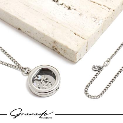 Imagem de Colar Relicário Redondo Até 5 Pingentes Menina Menino Pet Corrente Prata Groumet Elo Duplo Mãe