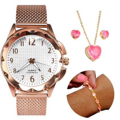 Imagem de Colar + Relogio Feminino Prova Dagua Banhado + Pulseira