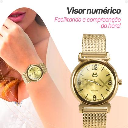 Imagem de Colar strass + caixa + relogio feminino aço inox + pulseira social qualidade premium casual dourado