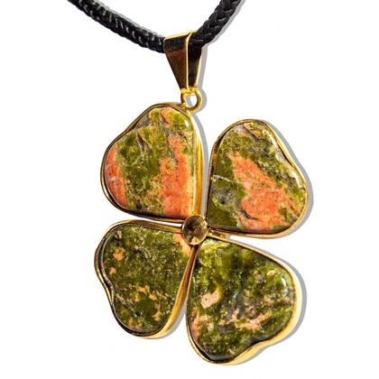 Imagem de Colar Trevo 4 Folhas da Sorte Pedra Unakita Natural Dourado