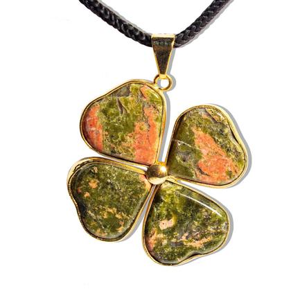 Imagem de Colar Trevo 4 Folhas da Sorte Pedra Unakita Natural Dourado