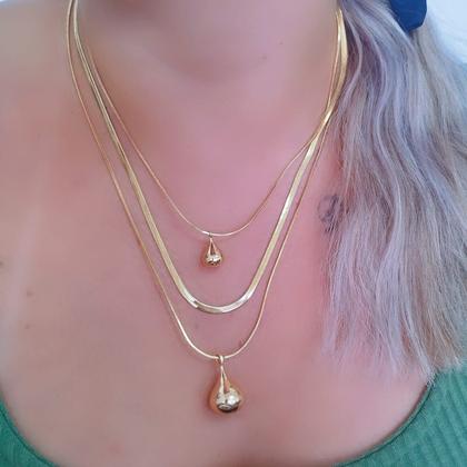 Imagem de Colar Triplo Aço Inox Dourado com Pingente Orgânico