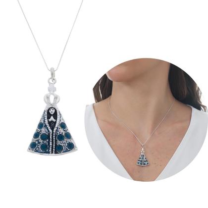 Imagem de Colar Veneziana de prata 925 legitima com Pingente Nossa Senhora Aparecida COM GARANTIA com pedras cravejadas