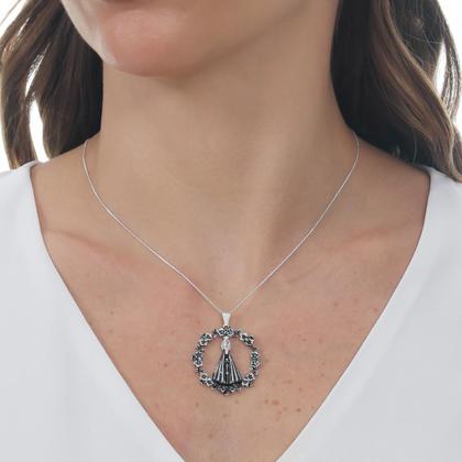 Imagem de Colar Veneziana de prata 925 legitima com Pingente Nossa Senhora Aparecida envelhecida COM GARANTIA pedras cravejadas