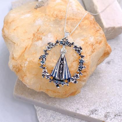 Imagem de Colar Veneziana de prata 925 legitima com Pingente Nossa Senhora Aparecida envelhecida COM GARANTIA pedras cravejadas