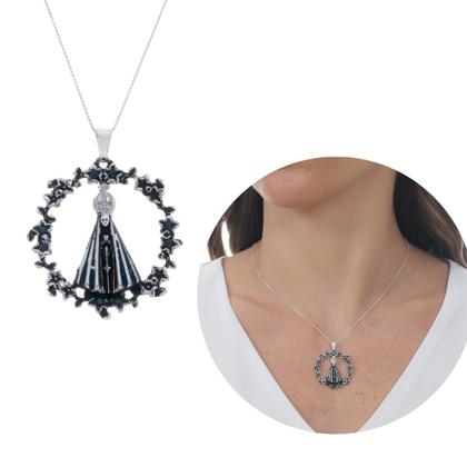 Imagem de Colar Veneziana de prata 925 legitima com Pingente Nossa Senhora Aparecida envelhecida COM GARANTIA pedras cravejadas