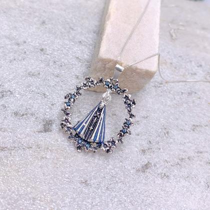 Imagem de Colar Veneziana de prata 925 legitima com Pingente Nossa Senhora Aparecida envelhecida COM GARANTIA pedras cravejadas