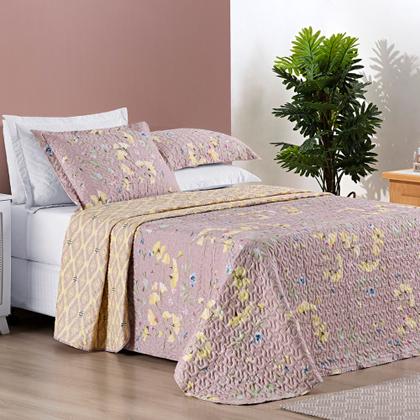 Imagem de Colcha Bouti Cobre Leito Tecido Estampado Dupla Face 03 Peças Fronhas Aba Americana CASAL 2,40X220