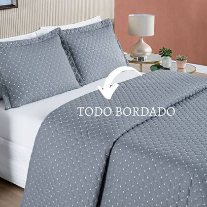 Imagem de Colcha Casal 3 peças Cobre Leito Micropercal 200 Fios Bordada Ravena