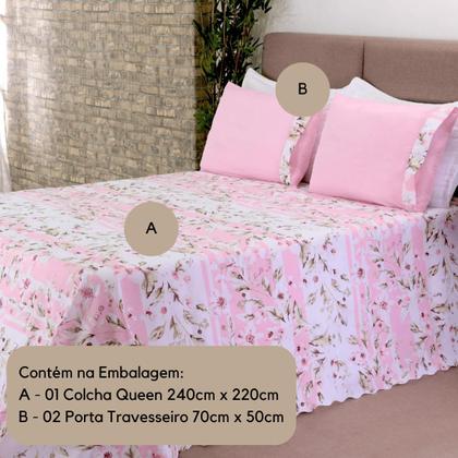 Imagem de Colcha Cobre Leito Cama Casal Queen Size 03 Peças Floral Premium Entrega Imediata